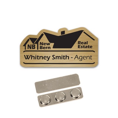 Name Badge Custom Shape-Brushed Gold Plastic. Laser Etch To Black