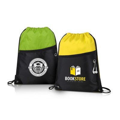 Two-Tone Drawstring Backpack With Front Zipper