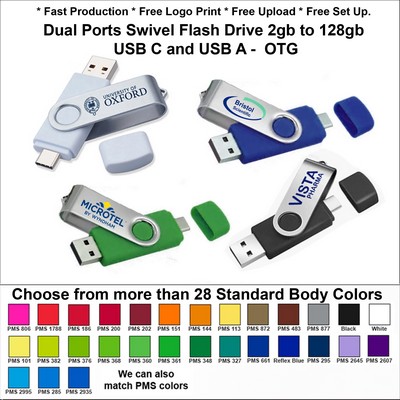 Dual Ports Swivel Silver Flash Drive USB C and USB A 8 GB OTG