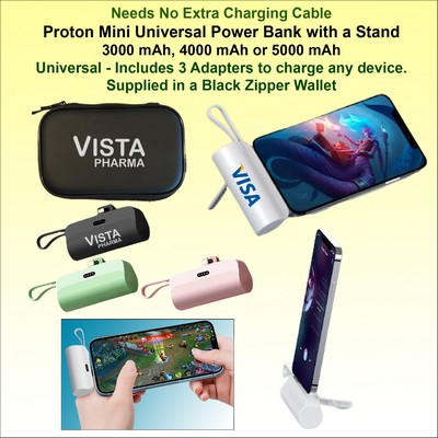 Proton Mini Universal Power Bank with integrated stand,Black Zipper Wallet 4000 mAh