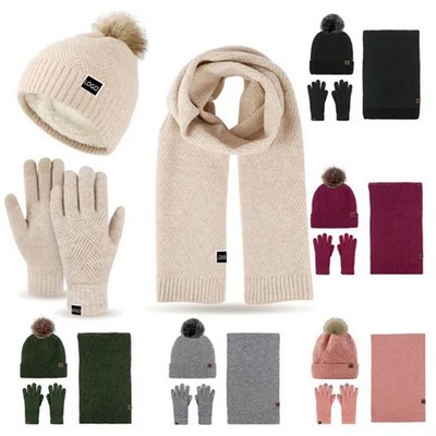Wool Knit Beanie Scarf And Gloves Set With Fleece Lining