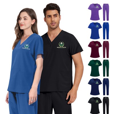 Unisex V-Neck Top Drawstring Pant Scrub Set