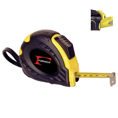 25' Retractable Tape Measure with rubber wrist strap and belt clip.